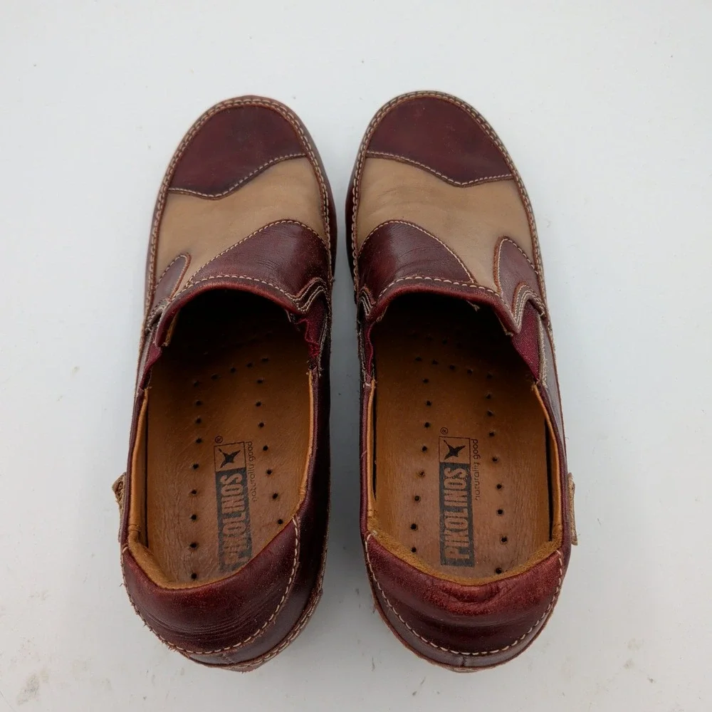 Pikolinos Lisboa Burgundy Tan Leather Colorblock Slip On Loafers 39 Womens 8.5-9